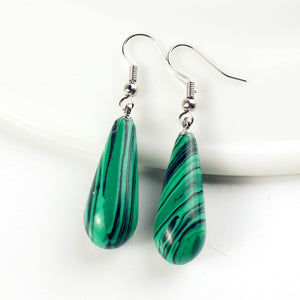 Natural Gnergy Gemstone~ Trendy Silver Plated Malachite Stone Long Water Drop Earrings For Christmas Gift Jewelry