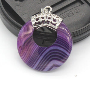 Natural Gnergy Gemstone~ Vintage Chinese Style Silver Plated Round Hollow Stone Stripe Purple Agates Pendant Fashion Jewelry