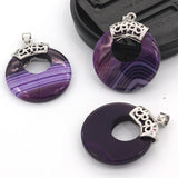 Natural Gnergy Gemstone~ Vintage Chinese Style Silver Plated Round Hollow Stone Stripe Purple Agates Pendant Fashion Jewelry