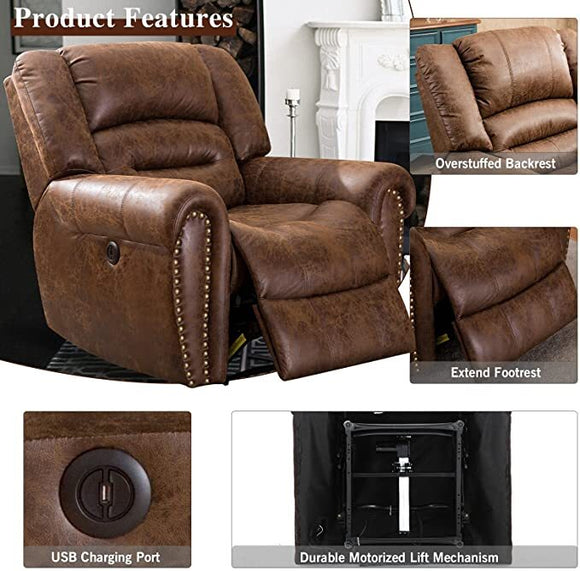 Color: Nut Brown Electric Recliner Chair Classic Single Sofa Home Recliner Seating with USB Port