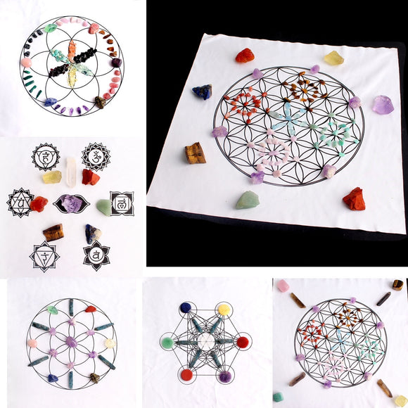 Crystal Set~Natural Stone Set 7Chakra Crystal Healing Meditation Grids Altar Cloth Flower of Life Assorted Chips Balancing Energy Gift Decor