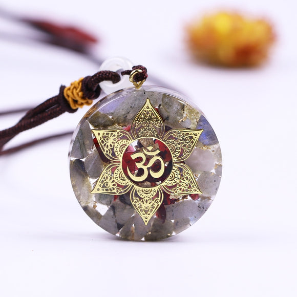 Orgonite® Pendant -Orgone Pendant Energy Garnet Necklace Orgonite Pendant Labradorite Om Yoga Healing Jewelry Crystal Necklace