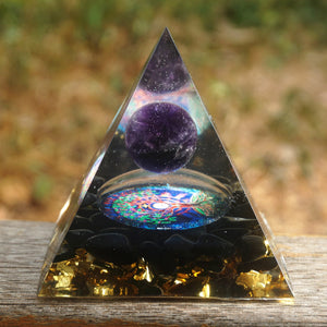 Orgone Pyramid~Orgonite Pyramid 60mm Amethyst Crystal Sphere With Obsidian Natural Cristal Stone Orgone Energy Healing Reiki Chakra Multiplier