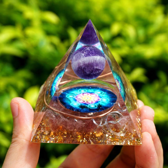 Orgone Pyramid~Orgonite Pyramid 60mm Amethyst Crystal Sphere with Strawberry Quartz Orgone Collection EMF Protection Healing Reiki Energy