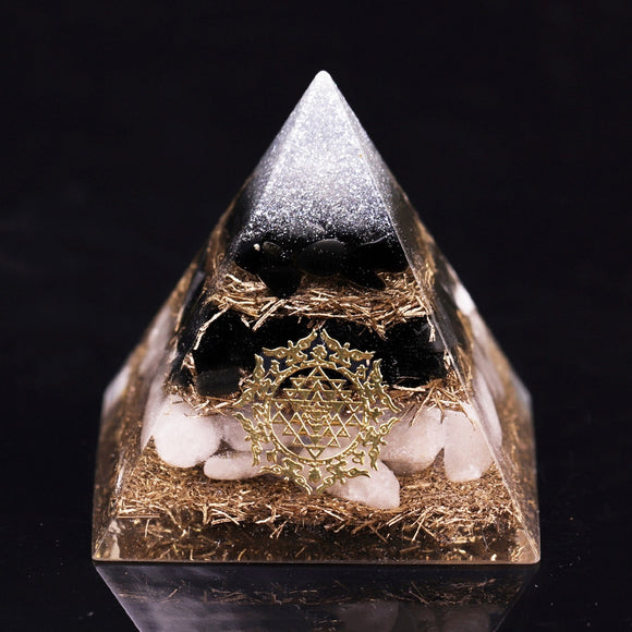 REIKI PYRAMID~Powerful Orgonite Pyramid Obsidian Copper Shavings Orgone Pyramid With White Crystal Reiki   Pyramid