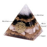 REIKI PYRAMID~Powerful Orgonite Pyramid Obsidian Copper Shavings Orgone Pyramid With White Crystal Reiki   Pyramid