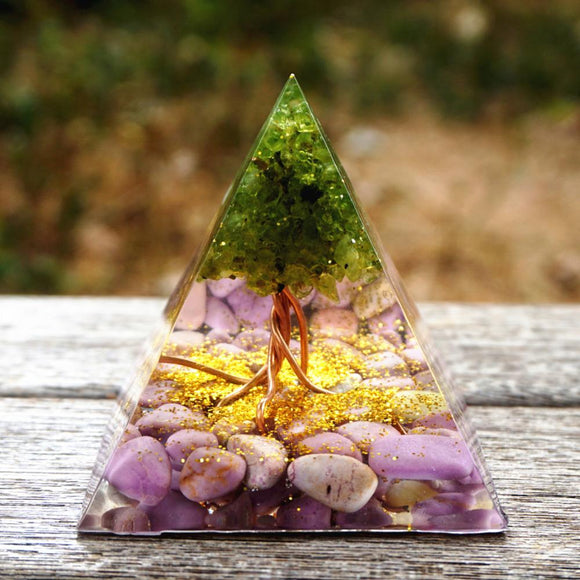Orgone Pyramid~Tree of Life Orgone Pyramid 60mm Peridot & Lepidolite EMF Protection Orgonite Energy Chakra Reiki Meditaiton Healing Tool