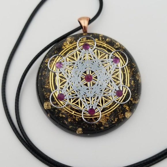 Orgonite® Pendant - Metatrons Flower of life orgone® amulet pendant with Rubies & quartz crystal. Protection from EMF Protection