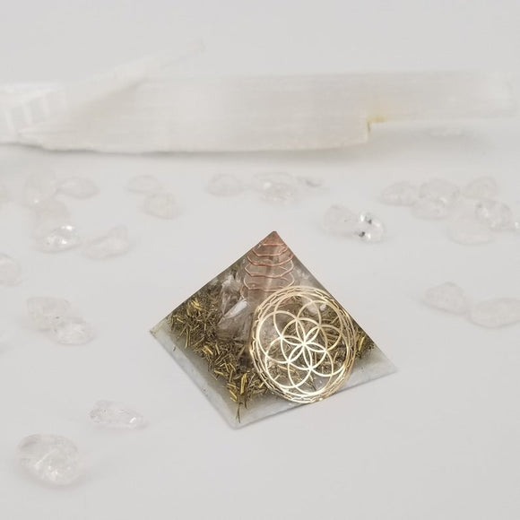 Orgonite® Pyramid Energy Healing Orgone® Pyramid Small seed of life celenite & quartz crystal EMF / RF Protection