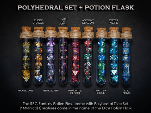 Potion Flask Dice~Polyhedral Dice Set of 7 with RPG Fantasy Potion Flask 2 | Dungeons and Dragons Dice | DnD Dice Set | D&D Dice