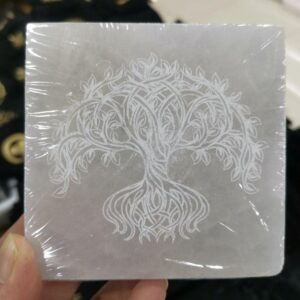 10cm White Selenite Coaster Square slab Matrix Natural Crystal Healing Engraving symbols witch Yoga 7 chakras tree of life - Avsso