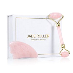 Jade Roller for Face and Gua Sha Scraping Massager Set - 100% Natural Rose Quartz Facial Roller for Eye Neck Skin Anti Aging Healing Slimming Tool（Pink）