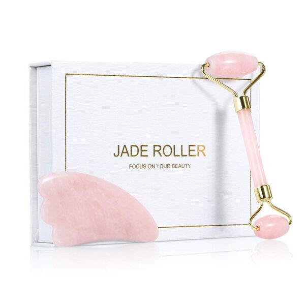 Jade Roller for Face and Gua Sha Scraping Massager Set - 100% Natural Rose Quartz Facial Roller for Eye Neck Skin Anti Aging Healing Slimming Tool（Pink）