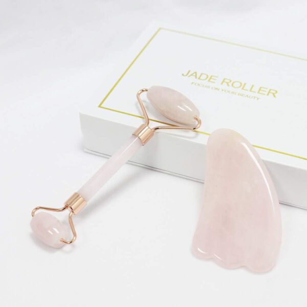 Jade Roller for Face and Gua Sha Scraping Massager Set - 100% Natural Rose Quartz Facial Roller for Eye Neck Skin Anti Aging Healing Slimming Tool（Pink）