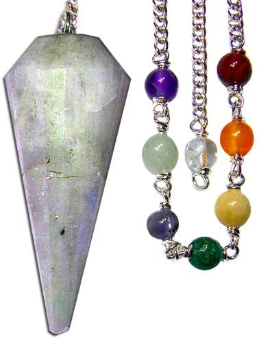 Rainbow Moon Stone Faceted Chakra Pendulum for Foretelling The Future with Satin Bag and Instruction Leaflet for Divination/Dowsing