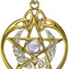 Sterling Silver 14k Gold Plated Crescent Moon Pendant Pentacle with Natural Rainbow Moonstone