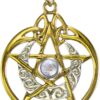 Sterling Silver 14k Gold Plated Crescent Moon Pendant Pentacle with Natural Rainbow Moonstone