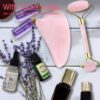 Jade Roller for Face and Gua Sha Scraping Massager Set - 100% Natural Rose Quartz Facial Roller for Eye Neck Skin Anti Aging Healing Slimming Tool（Pink）