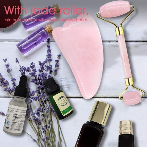 Jade Roller for Face and Gua Sha Scraping Massager Set - 100% Natural Rose Quartz Facial Roller for Eye Neck Skin Anti Aging Healing Slimming Tool（Pink）