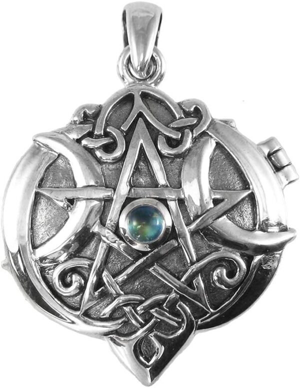 Dryad Design Sterling Silver Celtic Knot Heart Pentacle Locket with Natural Rainbow Moonstone