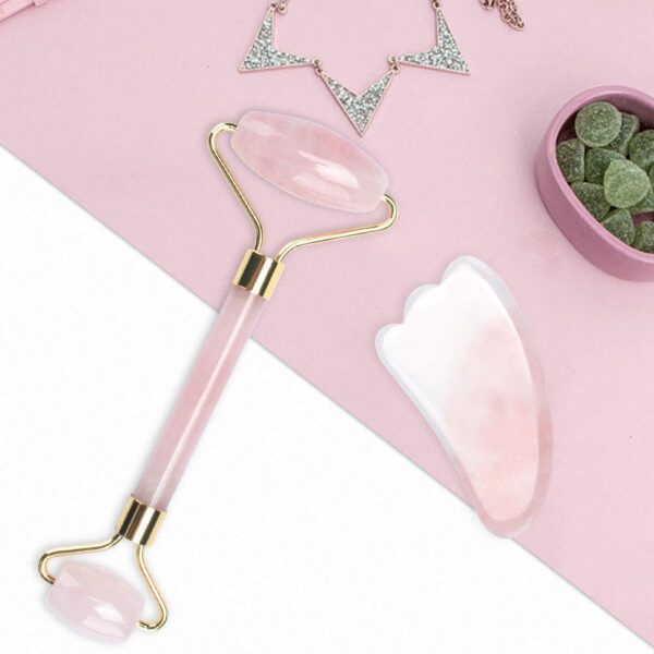 Jade Roller for Face and Gua Sha Scraping Massager Set - 100% Natural Rose Quartz Facial Roller for Eye Neck Skin Anti Aging Healing Slimming Tool（Pink）