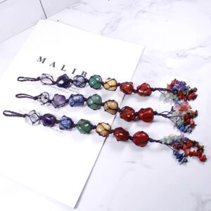 Crystal Healing~7 Colors Chakra Tumbled Gemstone Tassel Spiritual Meditation Hanging China Style Ornament Natural Stone Car Home Decoration gift