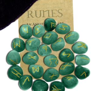 Green Aventurine Luck & Chance Gemstone Runes with Engraved Lettering, Instruction Leaflet & Velvet Pouch