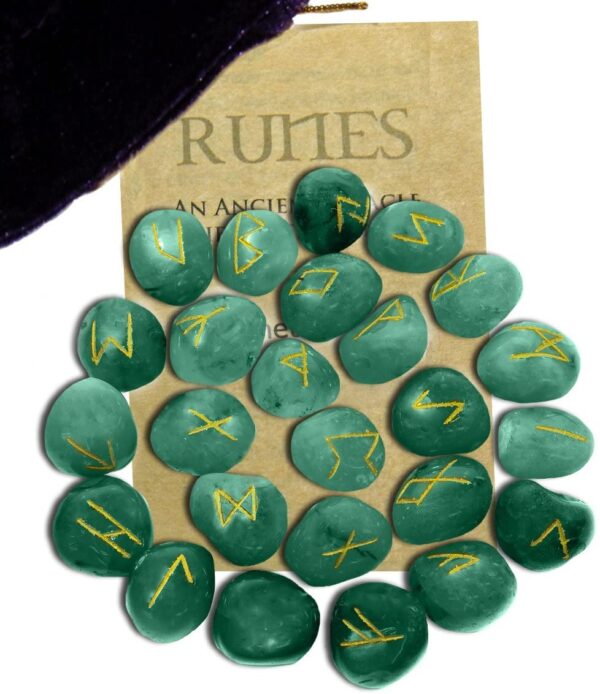 Green Aventurine Luck & Chance Gemstone Runes with Engraved Lettering, Instruction Leaflet & Velvet Pouch