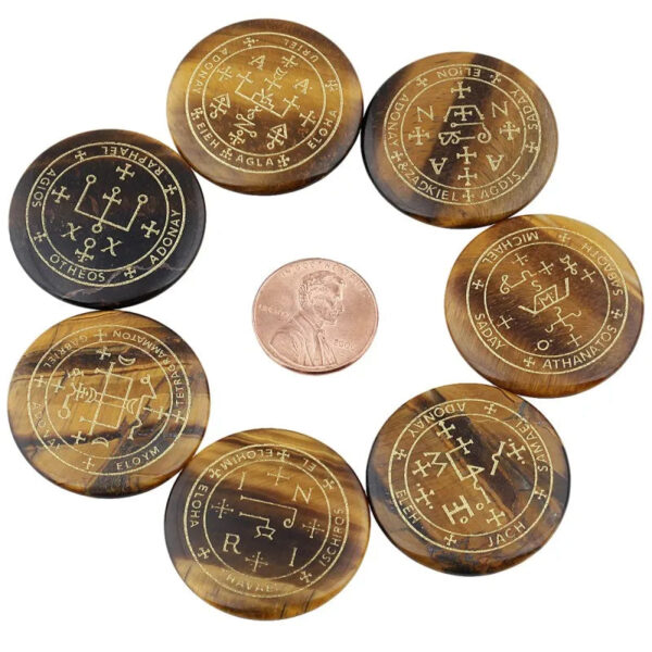 7Pc/Set Engraved Magic Archangel Symbol Round Crystal Stone Slices Spiritual Powers Palm Stone Worry Stone For Chakra Balancing