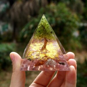 Orgone Pyramid~HANDMADE 60MM Tree of Life Orgone Pyramid Peridot & Strawberry Quartz,Orgone Accumulator, EMF Orgonite Energy Chakra Reiki