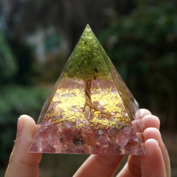 Orgone Pyramid~HANDMADE 60MM Tree of Life Orgone Pyramid Peridot & Strawberry Quartz,Orgone Accumulator, EMF Orgonite Energy Chakra Reiki