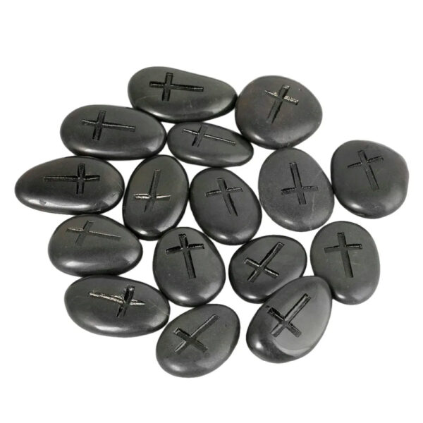 Engraved Cross Inspirational Black Stones Polished Irregular Pebble Stone