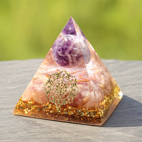 Reiki Pyramid~Handmade Amethyst Crystal Sphere Orgonite Pyramid Strawberry Crystal Reiki Chakra Energy Orgone Collection Emf Protection