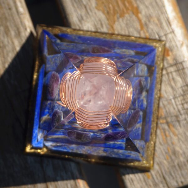 Orgone Pyramid~Handmade Rose Crystal Orgone Pyramid 70mm Large Size Lapis Lazuli Energy Healing Orgonite