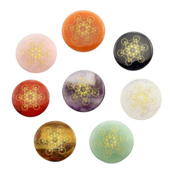 Natural Gnergy Gemstone~ Natural Healing Crystal Quartz Carve Rune Stone Pendant Round Chakra Flower of Life metatrone's cube Reiki Stone Pendants