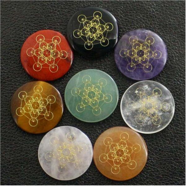 Natural Gnergy Gemstone~ Natural Healing Crystal Quartz Carve Rune Stone Pendant Round Chakra Flower of Life metatrone's cube Reiki Stone Pendants