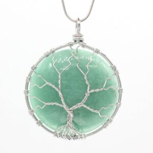 Natural Gnergy Gemstone~ Silver Plated Green Aventurine Round Stone Wire Wrapped Tree of Life Pendant Fashion Jewelry