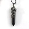 Natural Gnergy Gemstone~ Silver Plated Natural Black Agates Hexagon Prism Leaf Flower Pendulum Stone Pendant Charm Women Men Jewelry