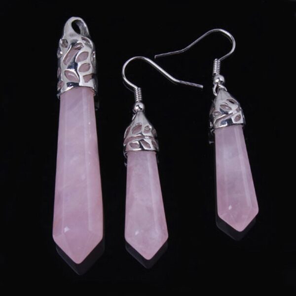 Natural Gnergy Gemstone~ Silver Plated Natural Healing Rose Pink Quartz Hexagon Prism Pendulum Stone Pendant Dangle Earrings  Jewelry Sets