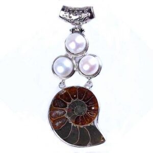 Natural Gnergy Gemstone~ Silver Plated Ammonite Reliquiae With Synthetic Pearl Beads Pendant Ethnic Style Jewelry