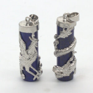 Natural Gnergy Gemstone~ Silver Plated Chinese Style Lapis Lazuli Cylinder Wrap Dragon Phoenix Pendant Fashion Jewelry