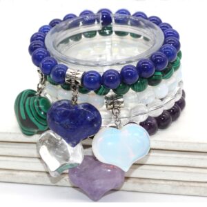 Natural Gnergy Gemstone~ Silver Plated Cute Heart Malachite Stone With 8 mm Round Beads Bracelet Opalite Opal Jewelry