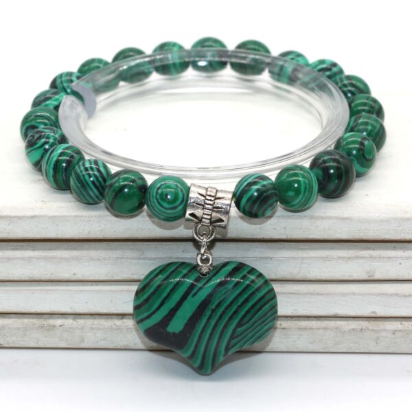 Natural Gnergy Gemstone~ Silver Plated Cute Heart Malachite Stone With 8 mm Round Beads Bracelet Opalite Opal Jewelry