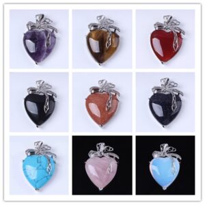 Natural Gnergy Gemstone~ Silver Plated Eternal Love Heart Stone Amethysts With Silk Ribbon Pendant Rose Pink Quartz Jewelry