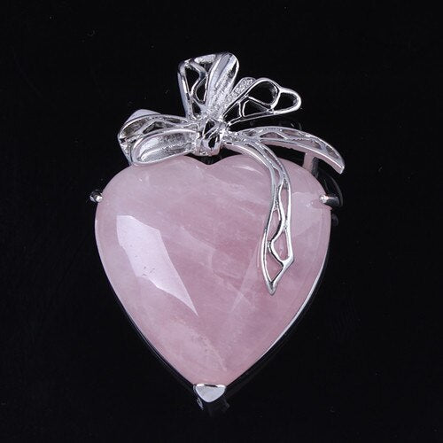 Natural Gnergy Gemstone~ Silver Plated Eternal Love Heart Stone Amethysts With Silk Ribbon Pendant Rose Pink Quartz Jewelry