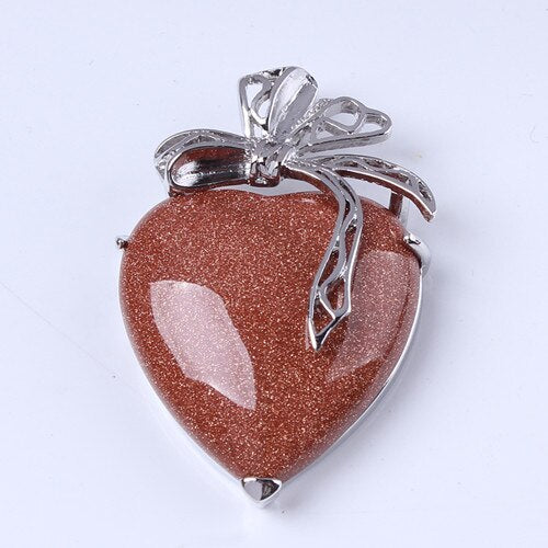 Natural Gnergy Gemstone~ Silver Plated Eternal Love Heart Stone Amethysts With Silk Ribbon Pendant Rose Pink Quartz Jewelry