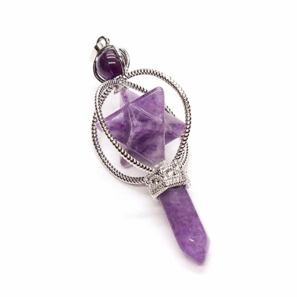 Natural Gnergy Gemstone~ Silver Plated Natural Purple Amethysts Crystal Quartz Merkaba Energy Symbol Healing Sceptre Pendulum Pendant