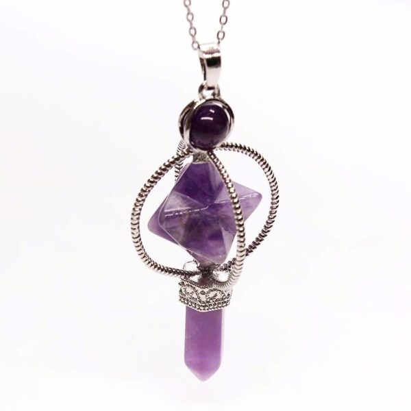 Natural Gnergy Gemstone~ Silver Plated Natural Purple Amethysts Crystal Quartz Merkaba Energy Symbol Healing Sceptre Pendulum Pendant