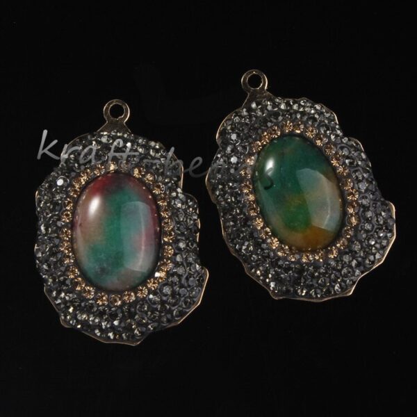 Natural Gnergy Gemstone~ Special Design Mixed Quartz Stone Ellipse Inlay Rhinestone Vintage Pendant Charm Jewelry