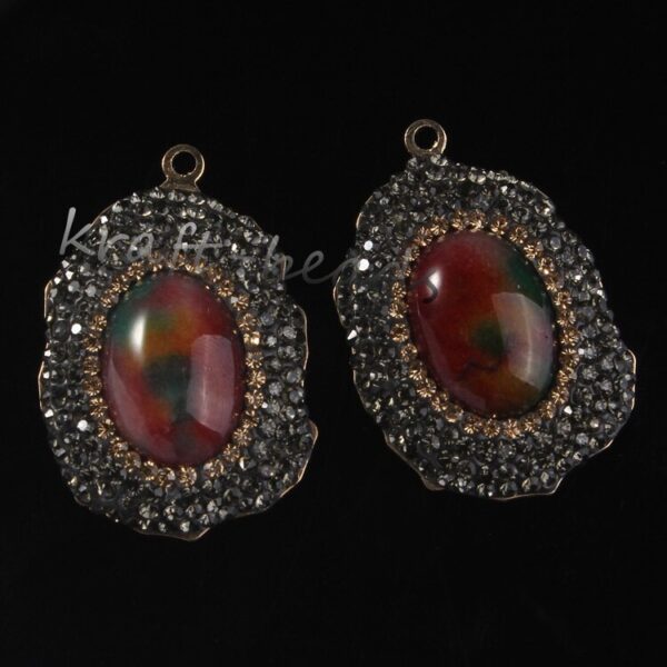 Natural Gnergy Gemstone~ Special Design Mixed Quartz Stone Ellipse Inlay Rhinestone Vintage Pendant Charm Jewelry